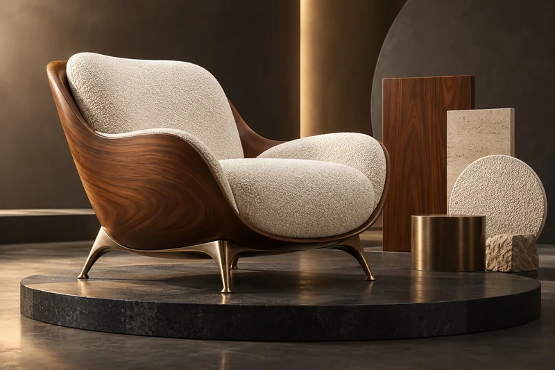 A walnut and cream designer lounge chair visualized on a dark studio platform