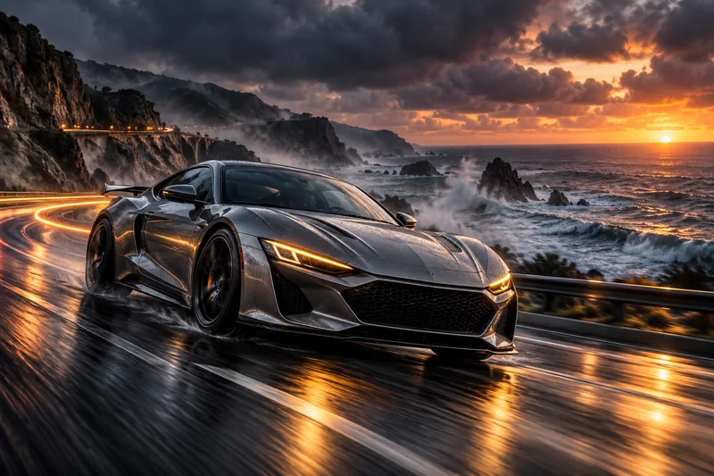 A silver sports coupe on a cinematic wet coastal road at twilight