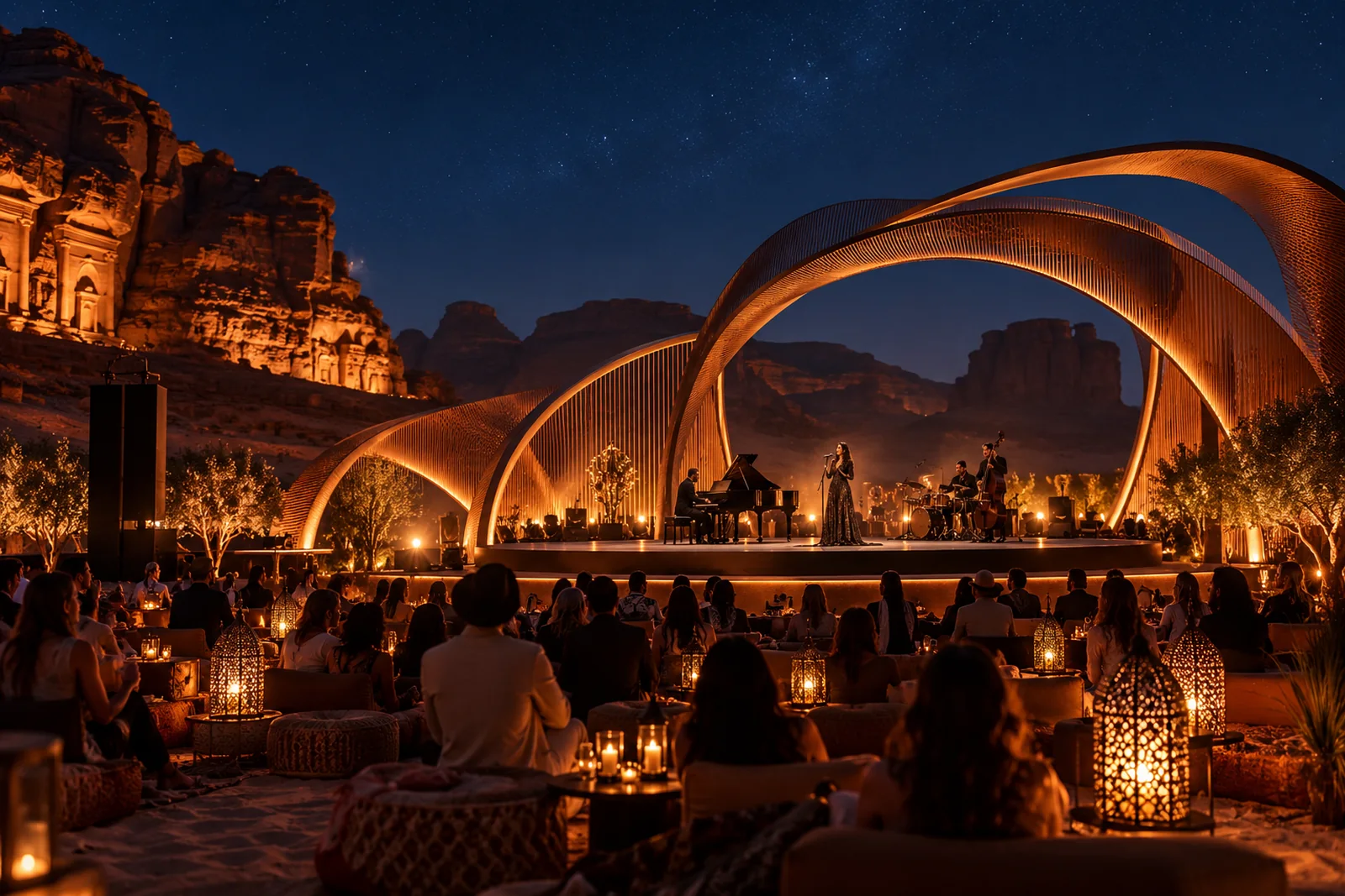 An open-air desert cultural event with sculptural amber stage lighting