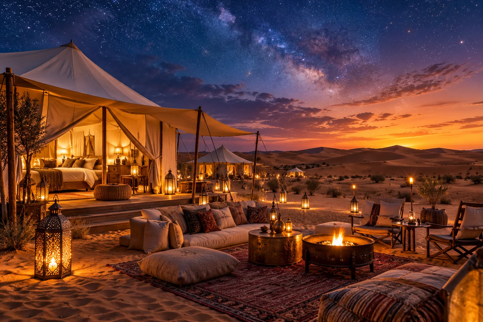 An atmospheric luxury desert glamping destination under a starry twilight sky